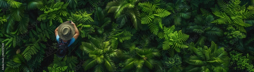 Aerial view of a person in a hat walking through dense green foliage, showcasing the beauty and tranquility of nature from above.