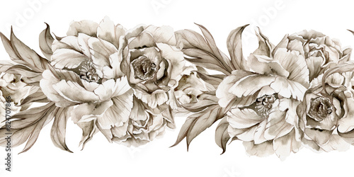 Hand drawn watercolor grisaille monochrome peony tulip ranunculus flowers, buds and leaves. Seamless banner isolated on white background. Invitations, wedding, wallpaper, floral shop, print, textile