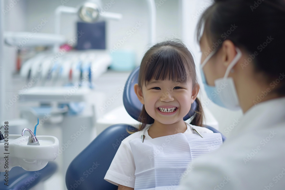 A young asian girl is sitting in a dentist's chair with a woman dentist A young asian girl is sitting in a dentist's chair with a woman dentist