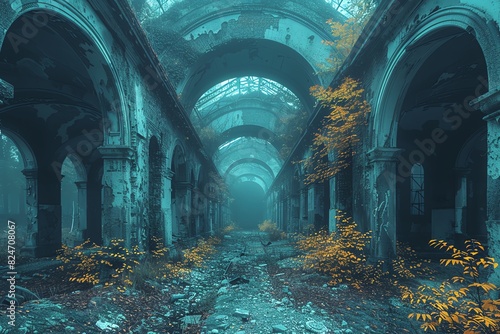 Mysterious, overgrown, abandoned building with arched hallways. photo