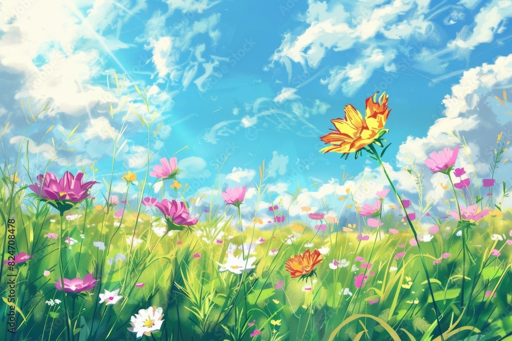 Flower Meadow in Spring: Vibrant Garden Landscape Illustration