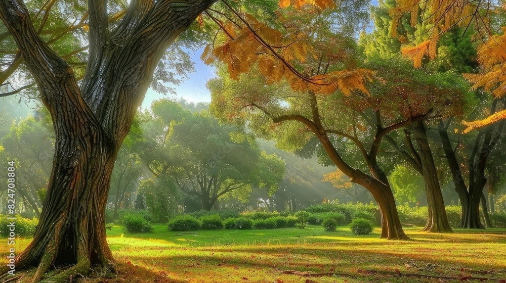 Fototapeta premium Serene autumn morning in a lush park, with sun rays streaming through colorful trees and vibrant green grass.
