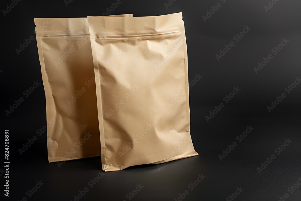 Mockup of empty product paper bags with zip lock on isolated white background Mockup of empty product paper bags with zip lock on isolated white background