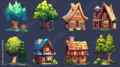 The wooden cabin icons set is a cartoon modern image. A wooden tree house. A village in a pine forest