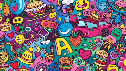 A collection of 70s hippie and groovy elements moderns. Cartoon characters  doodle smile faces  food trucks  hamburgers  hearts  flowers  pizzas  the world. Retro groovy hippie design.