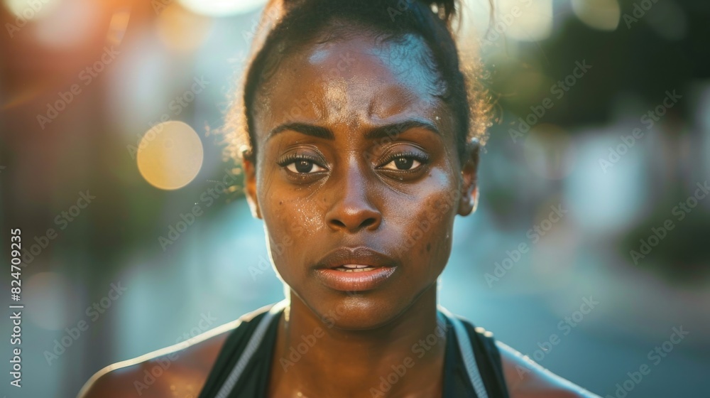 Black Woman Exhausted. Fitness in the City: Tired Female Runner After Cardio Workout