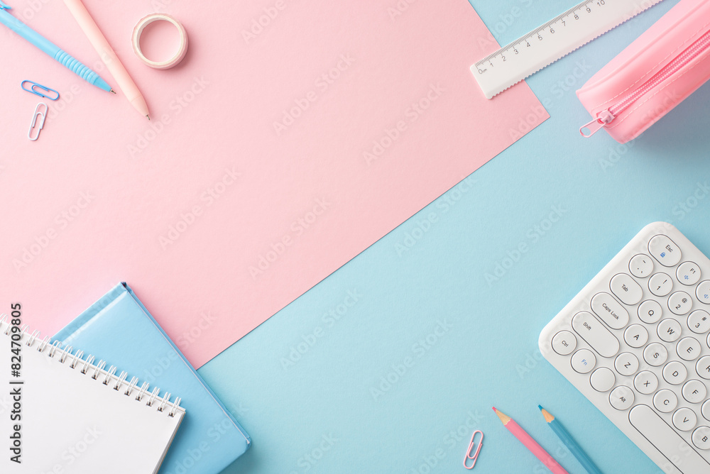 A neatly organized desk featuring various office and school supplies, including calculators, notebooks, and stationery, against a dual-tone background A neatly organized desk featuring various office and school supplies, including calculators, notebooks, and stationery, against a dual-tone background