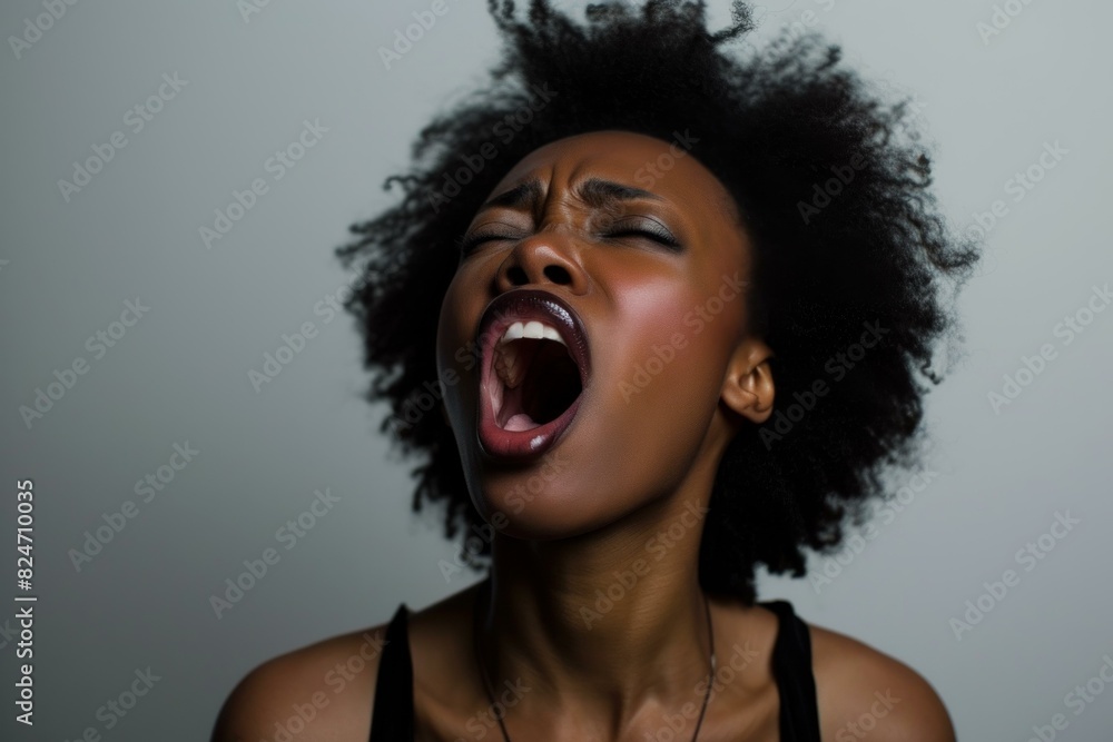 Powerful image capturing a young african american woman screaming against a neutral background Powerful image capturing a young african american woman screaming against a neutral background
