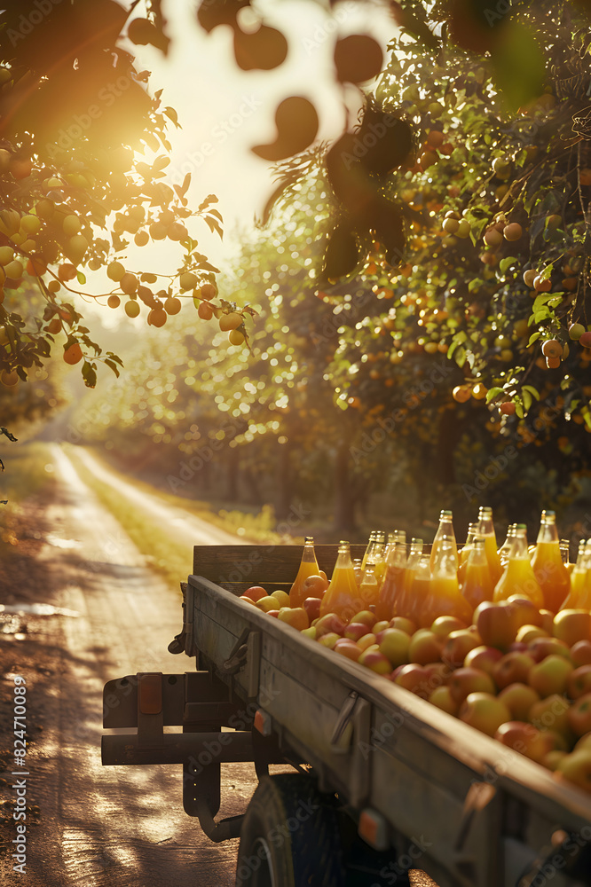 Fototapeta premium Cargo truck carrying bottles with apple juice in an orchard with sunset. Concept of food and drink production, transportation, cargo and shipping.