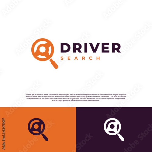 Find driver, steering wheel combine with magnifying glass logo design modern concept