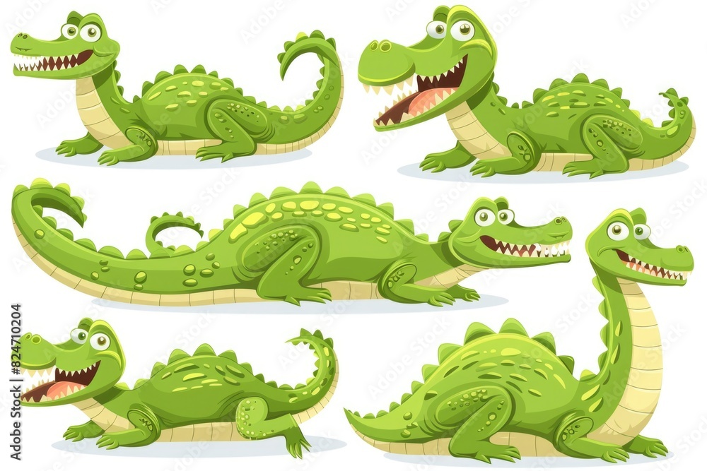 Obraz premium Set of cartoon crocodiles with various facial expressions, ideal for children's books or educational materials