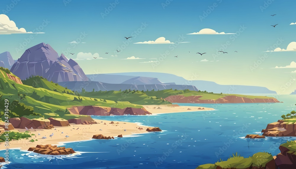 Seabird Colonies on Rocky Island Vector Art Background