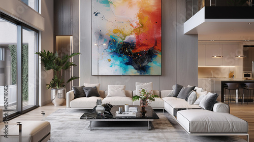 A contemporary living room with a large abstract painting, modular sofas, and chrome details. 