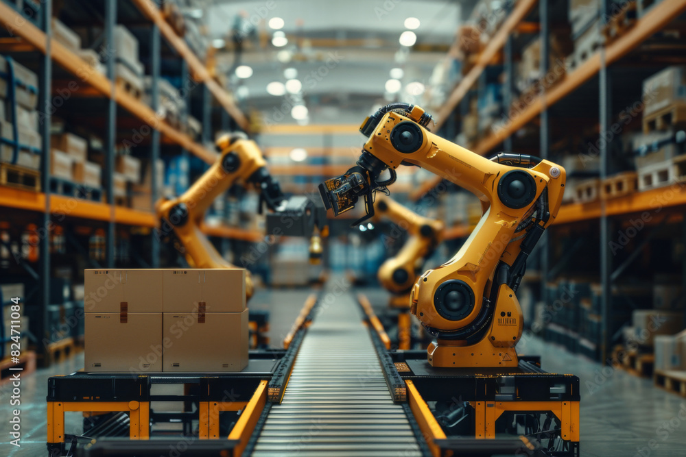 Automated Robot Carriers And Robotic Arm In Modern Distribution Warehouse
Automated Robot Carriers And Robotic Arm In Modern Distribution Warehouse