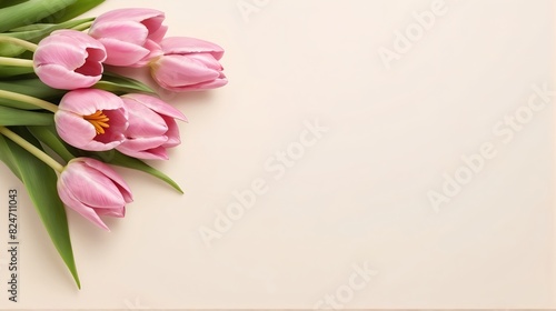 bouquet of pink tulip flowers  flower frame on cream background  Greeting floral card template with copy space  Summer Spring Background  Birthday  Valentine   s Day  Flat lay  top view  space for text 