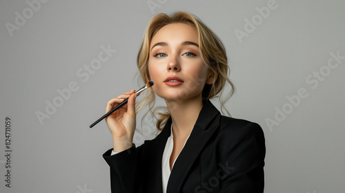 Attractive young woman does makeup artist looks at the camera