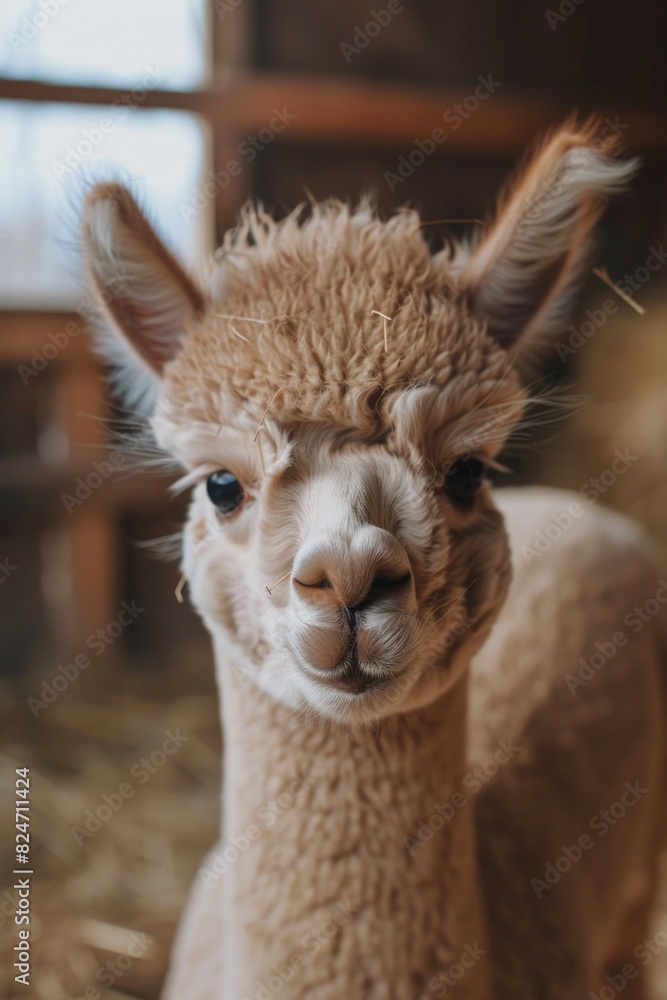 Obraz premium Close-up of an alpaca in a barn, suitable for farm animal concepts