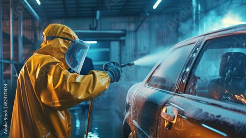 Worker Cleaning Car at Carwash photo