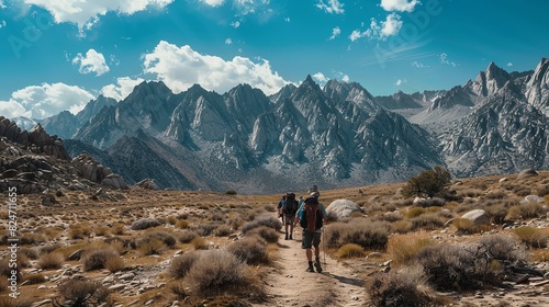 Hikers with backpacks atop towering mountain peaks and blue skies as a backdrop.