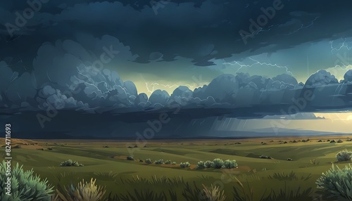 Stormy Sky Over Sagebrush Steppe Vector Art Background photo