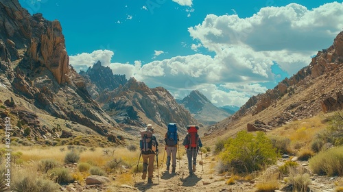 Hikers with backpacks atop towering mountain peaks and blue skies as a backdrop.