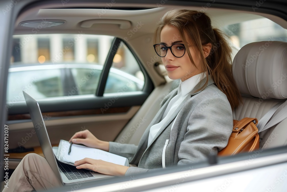 Business woman using laptop computer while sitting in the back seat of car Business woman using laptop computer while sitting in the back seat of car