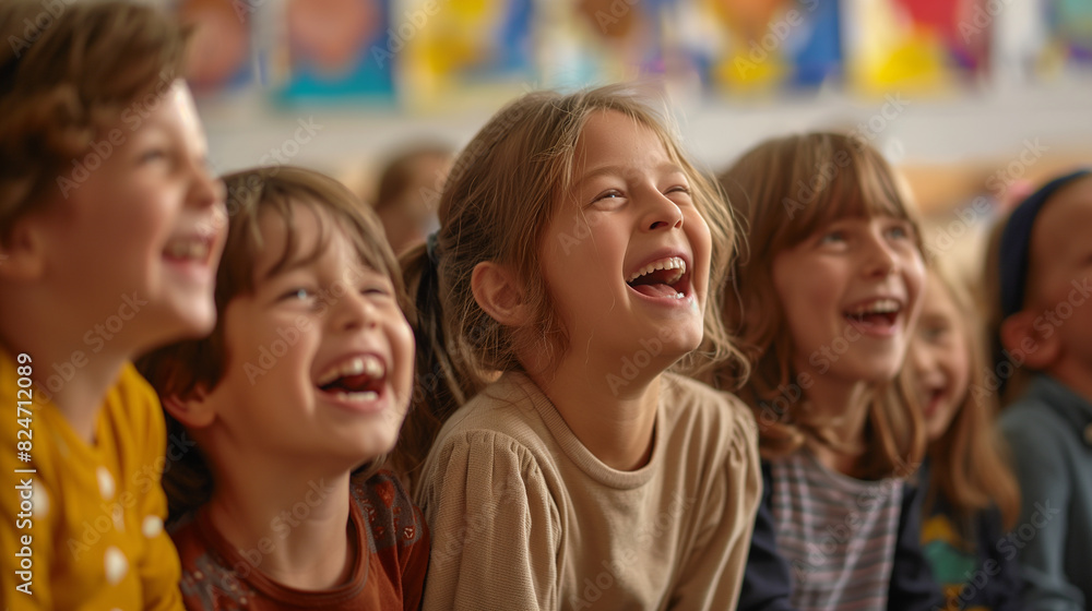 A group of children laughing and smiling in their classroom. Dynamic and dramatic composition, with cope space A group of children laughing and smiling in their classroom. Dynamic and dramatic composition, with cope space