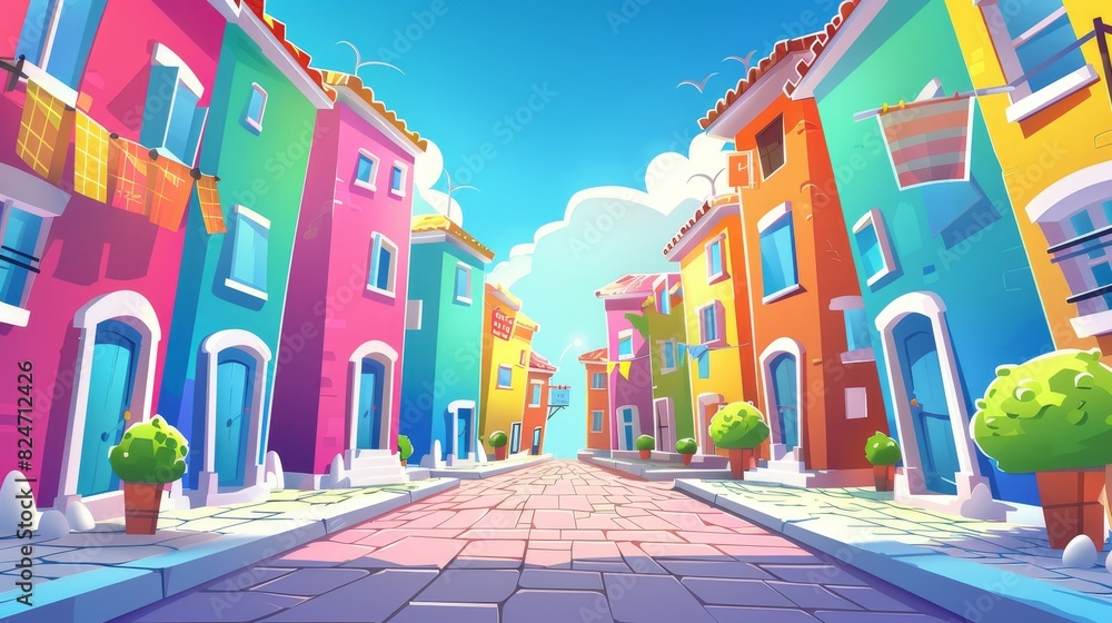 Multicolored cartoon buildings under a clear sky on a colorful cartoon street