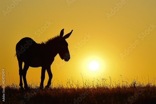 A peaceful scene of a donkey in a field at sunset, suitable for various projects