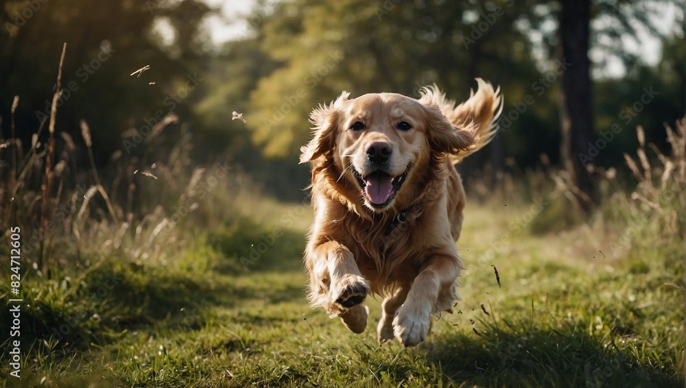 Golden Retriever Running Through Meadow at Sunset Golden Retriever Running Through Meadow at Sunset