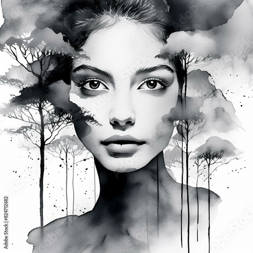 Abstract portrait painting of a beautiful woman