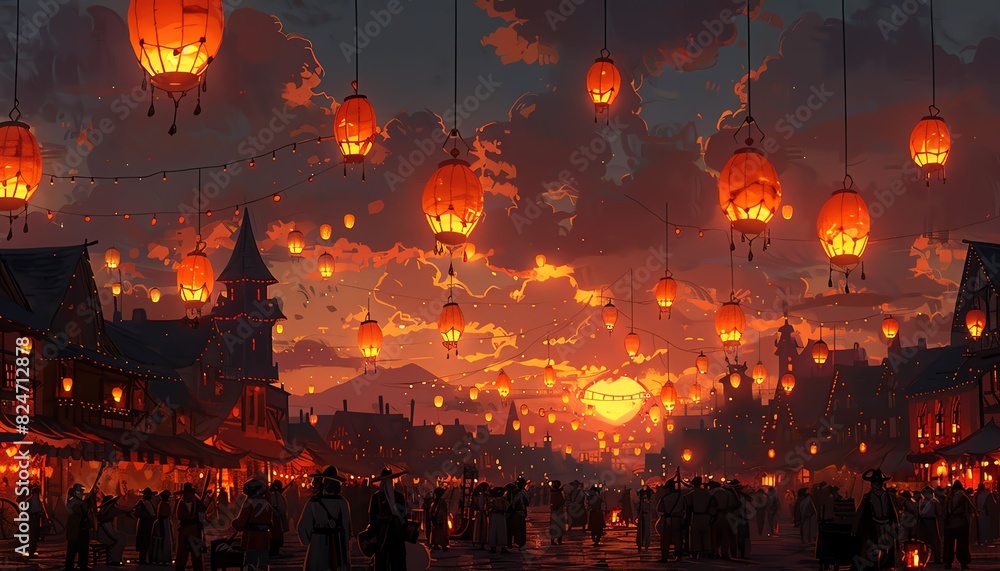 Cityscape at night with glowing lanterns in the sky