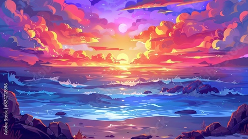 Beautiful hand-painted illustration of the seascape under the sunset. Illustrations.