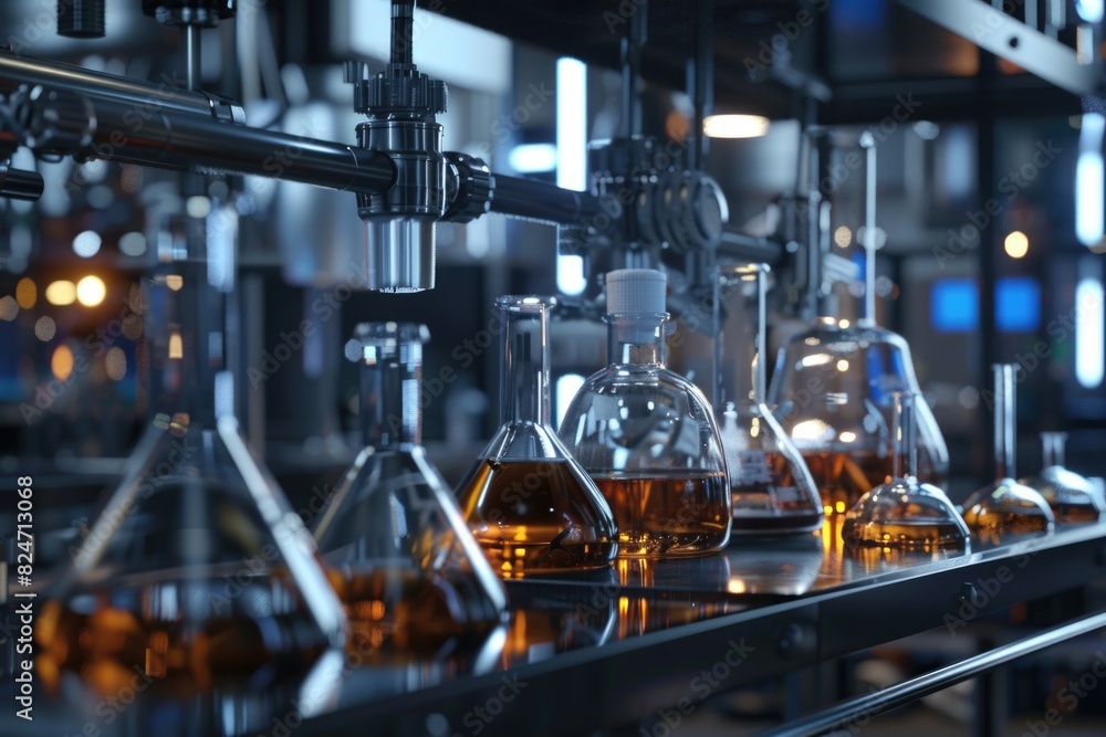 A row of glass flasks displayed on a metal shelf. Ideal for scientific and laboratory concepts A row of glass flasks displayed on a metal shelf. Ideal for scientific and laboratory concepts