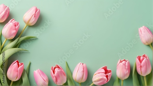 bouquet of pink tulip flowers, flower frame on pastel green background, Greeting floral card template with copy space, Summer Background, Birthday, Valentine’s Day, Flat lay, top view, space for text
 #824713025