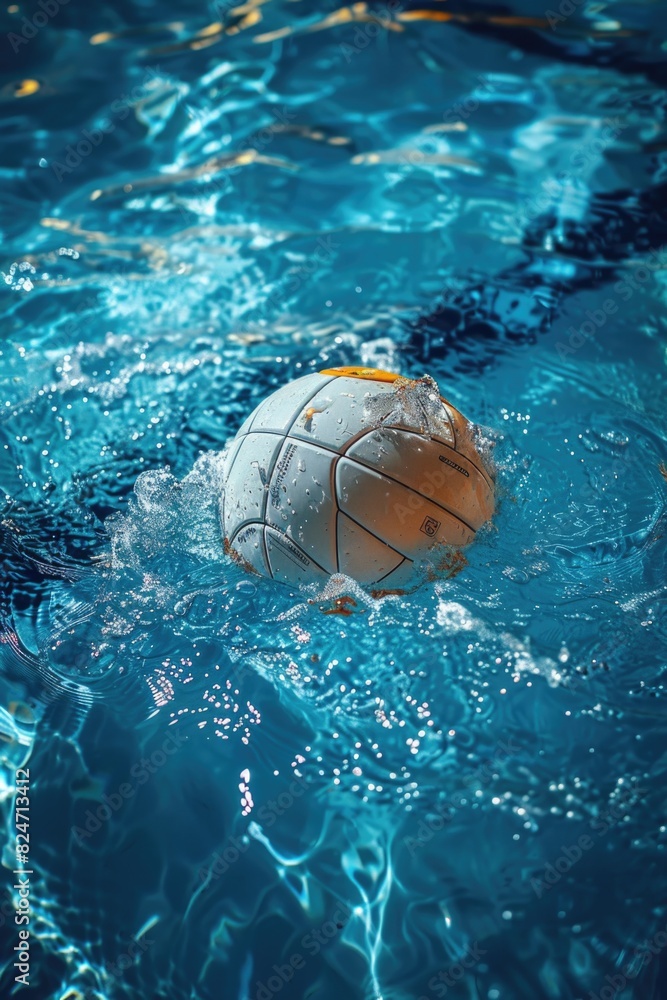A water polo ball floating in a pool. Suitable for sports and leisure concepts