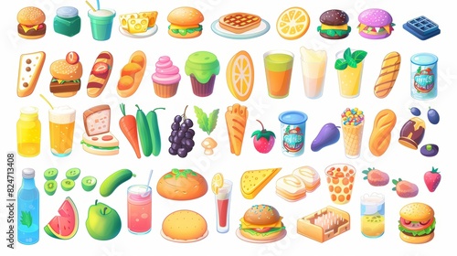 Food icons with colorful backgrounds. Bakery, dairy, fruits and vegetables. Desserts, fast food and pasta. Modern cartoon icons.