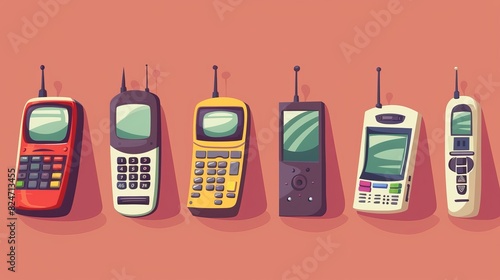 Cartoon modern illustration of the evolution of cellphones. From vintage designs with physical numeric keypads and retractable antennas to modern smart phones with touchscreens. photo