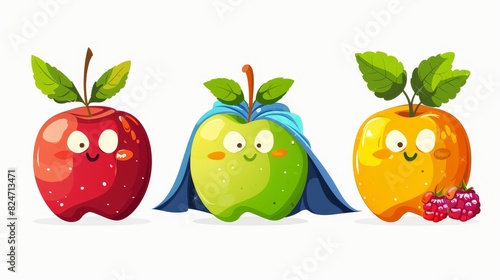 A superhero fruit set with superhero apple  berry  and orange in superhero costumes. Garden superheroes healthy food cartoon modern illustration.