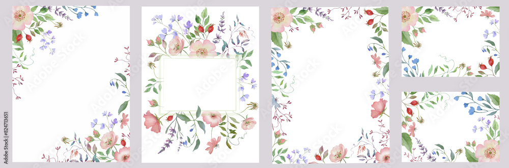 .Set of watercolor floral templates. Floral background for invitations, greeting cards. Hand drawn illustration.