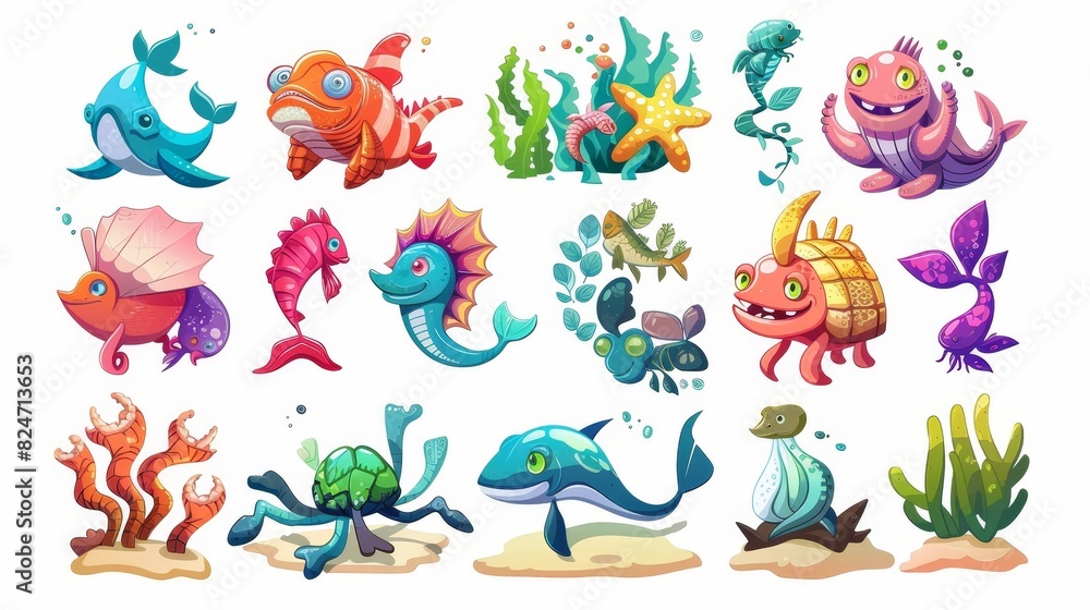 An illustration set of colorful cartoon ocean creatures, plants, and fishes with a white background