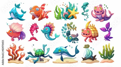 An illustration set of colorful cartoon ocean creatures  plants  and fishes with a white background