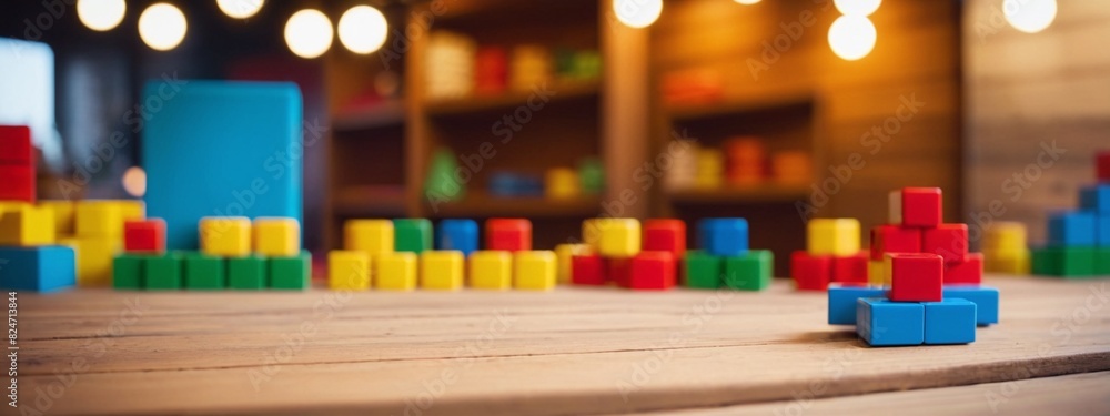 Empty wooden table top and blurred kids room interior on the background. Copy space for your object, product, toy presentation. Display, promotion, advertising. Empty wooden table top and blurred kids room interior on the background. Copy space for your object, product, toy presentation. Display, promotion, advertising.