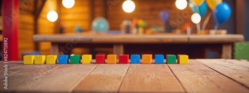 Empty wooden table top and blurred kids room interior on the background. Copy space for your object  product  toy presentation. Display  promotion  advertising.