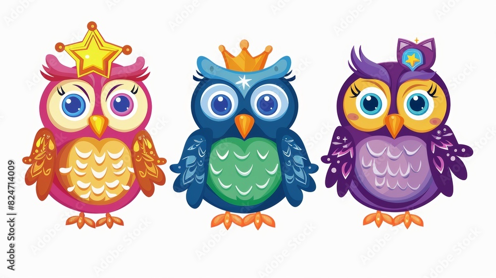 Cute funny cartoon owls with star, candy, crown. Isolated children's cartoon fabulous illustration, suitable for print or sticker. Fairytale story. Card for family or friends. White background. Cute funny cartoon owls with star, candy, crown. Isolated children's cartoon fabulous illustration, suitable for print or sticker. Fairytale story. Card for family or friends. White background.