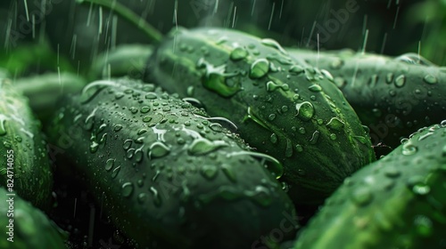 Close-up shot of cucumbers in the rain. Suitable for food and agriculture concepts