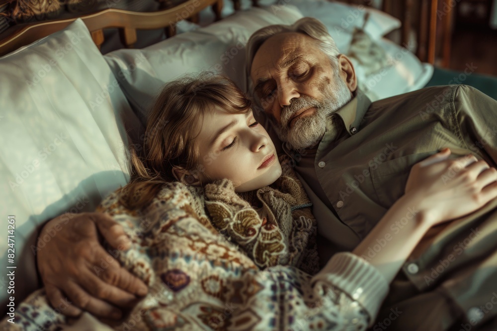 Fototapeta premium An older man and a young girl laying in bed. Suitable for family and healthcare concepts