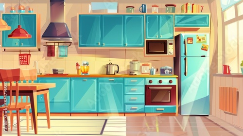 The drawing shows an interior kitchen with a wooden dining table, blue kitchen cabinets, a fridge with a magnet and a reminder, as well as an oven, microwave, hob, and extractor fan.