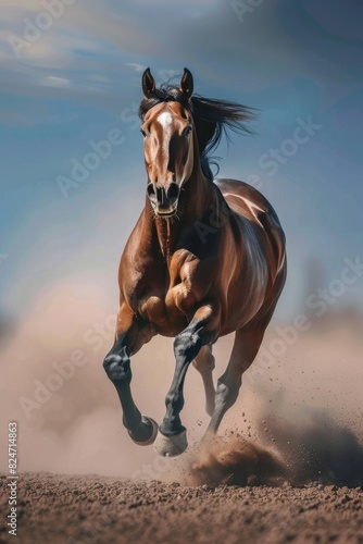 A majestic horse running freely on a sunny beach. Ideal for travel and nature concepts