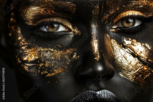 Captivating Black gold woman. Body luxury artwork glowing powder. Generate ai photo